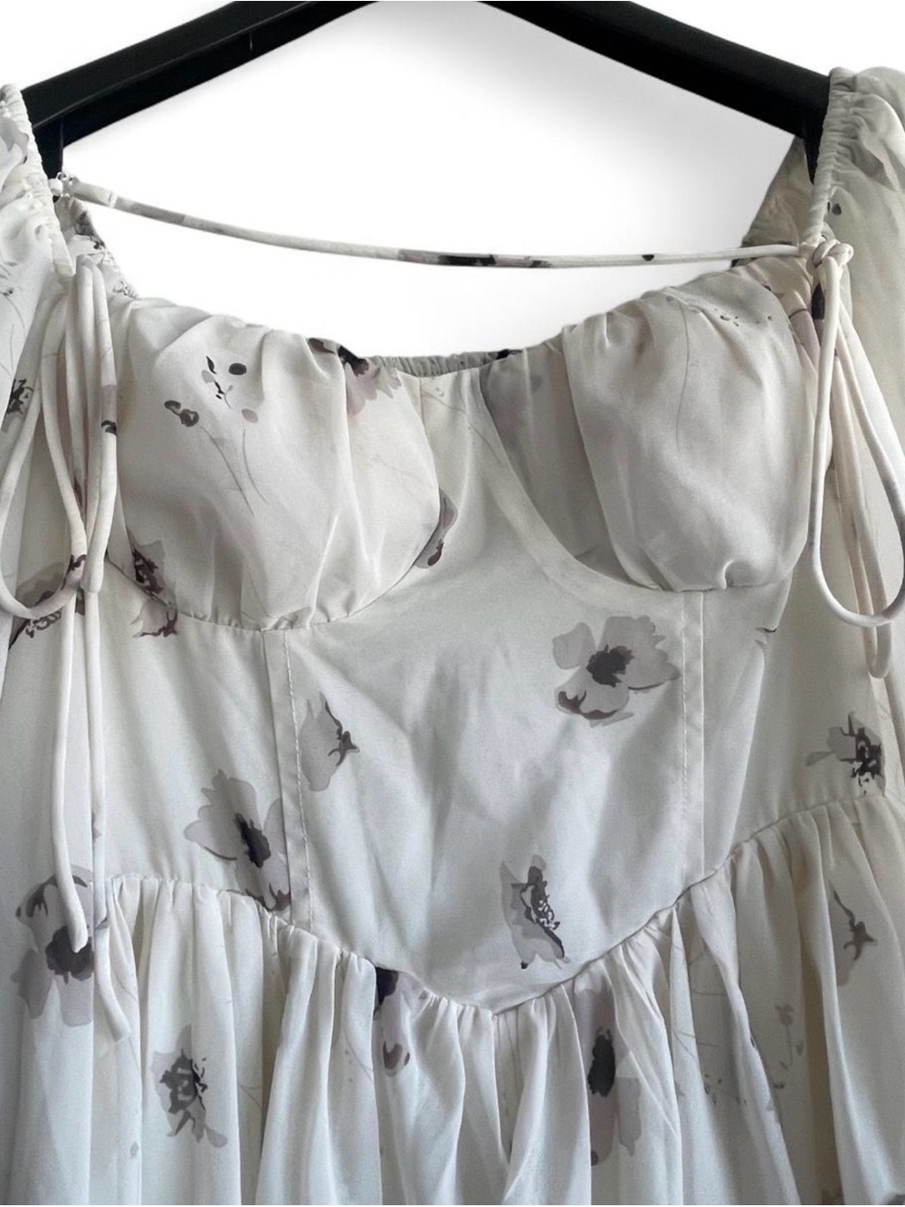 K-Fashion Floral Chiffon Puff Sleeve Smocked Corset Fairy Mini Dress | Cream M - Picture 8 of 16